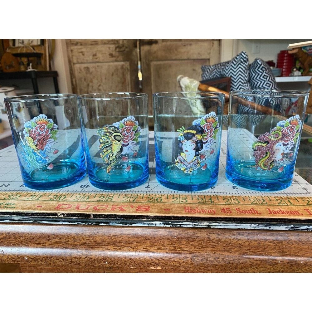 ED HARDY 4 Blue Kiss of Death Double Old Fashion Rock Glasses Christian Audigier